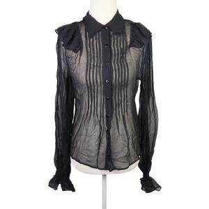 BB Dakota Black Silk Sheer Pintuck Pleat Ruffle Blouse Top Small